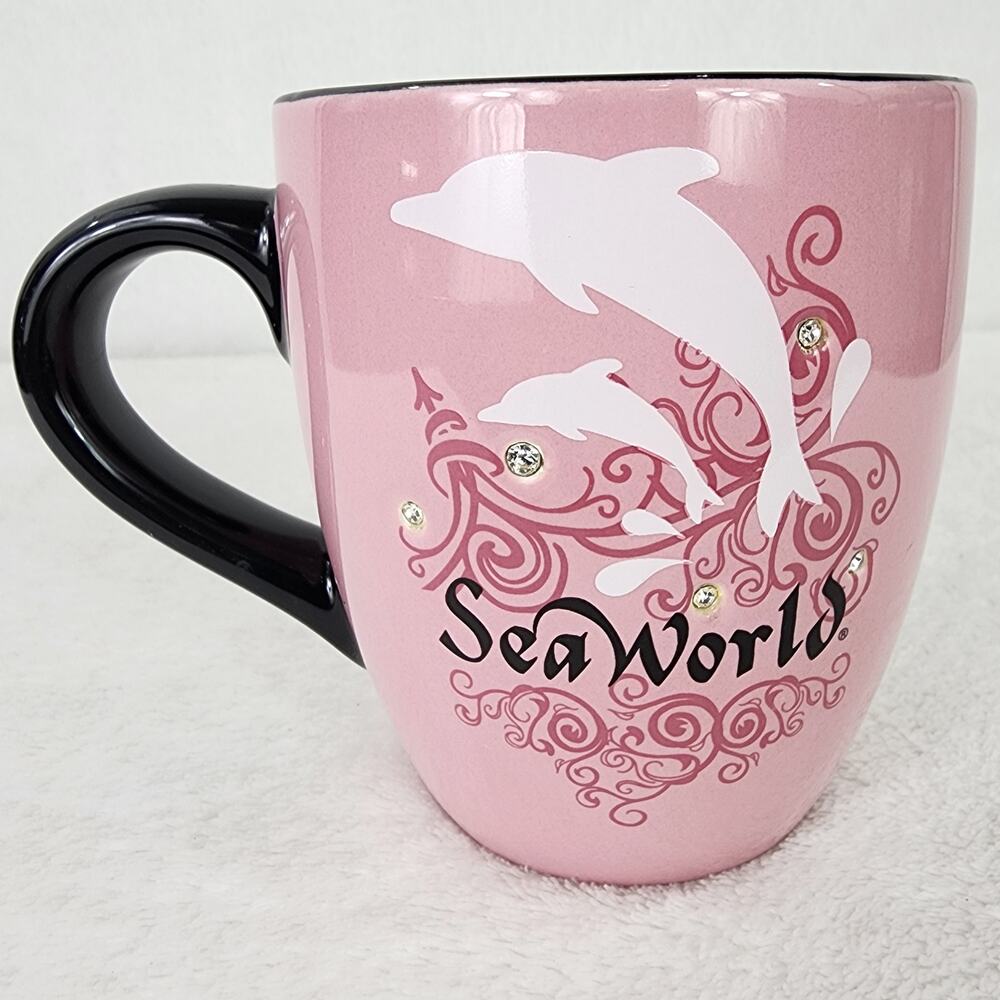 Sea World Mug Pink Dolphin w/ Rhinestones Ceramic Double Sided Cup w/ Handle